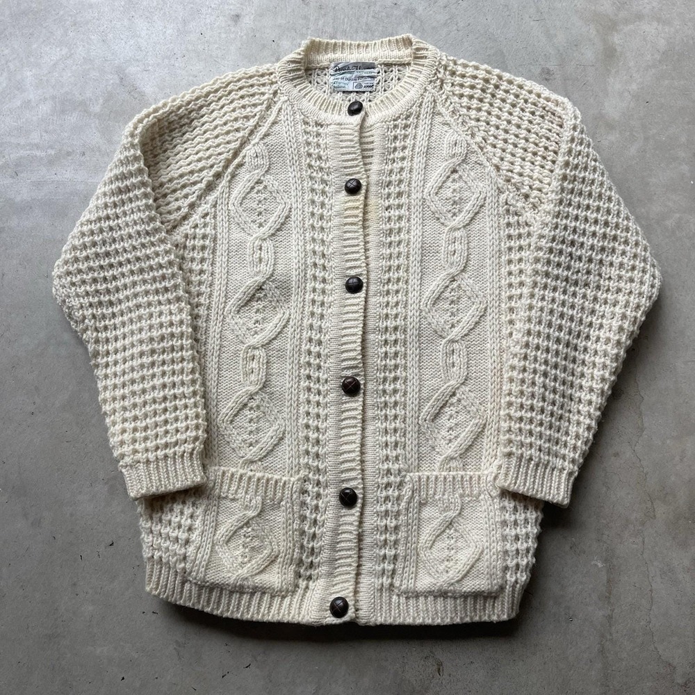 Vtg Purple Heather Aran Irish Cardigan Sweater Wool Fisherman Cable Knit Size M